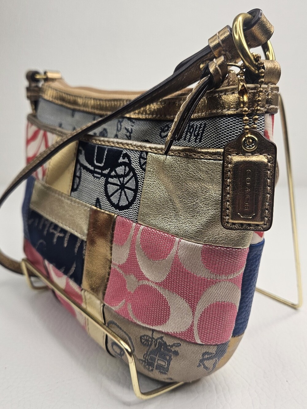 Coach Legacy Patchwork Swingpack Crossbody Purse Pink Blue Metallic Signature